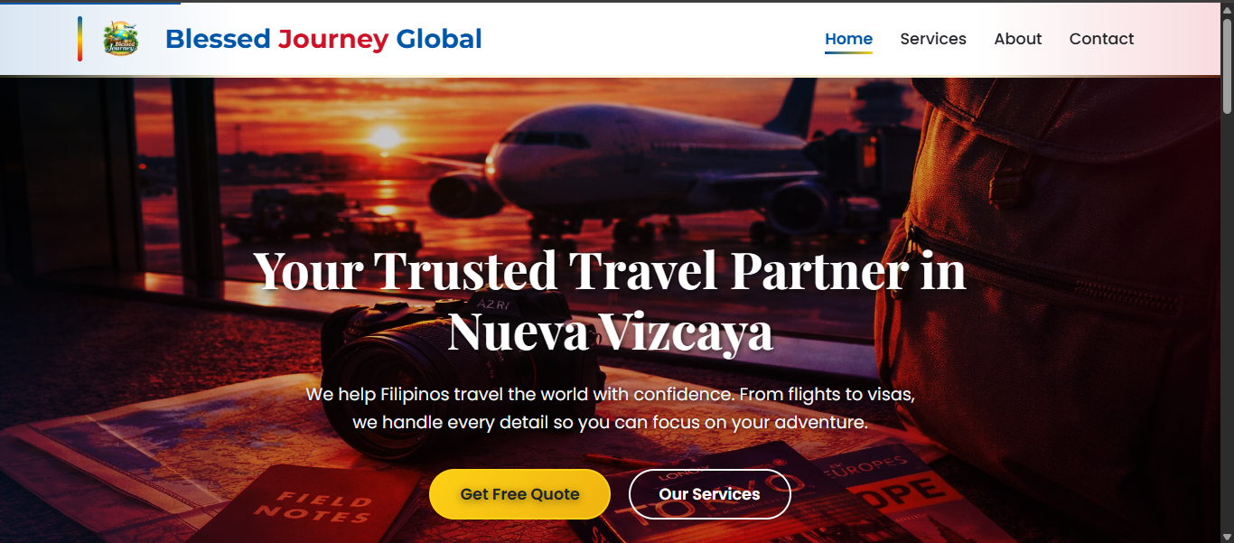 Travel agency website showing service sections and contact flow