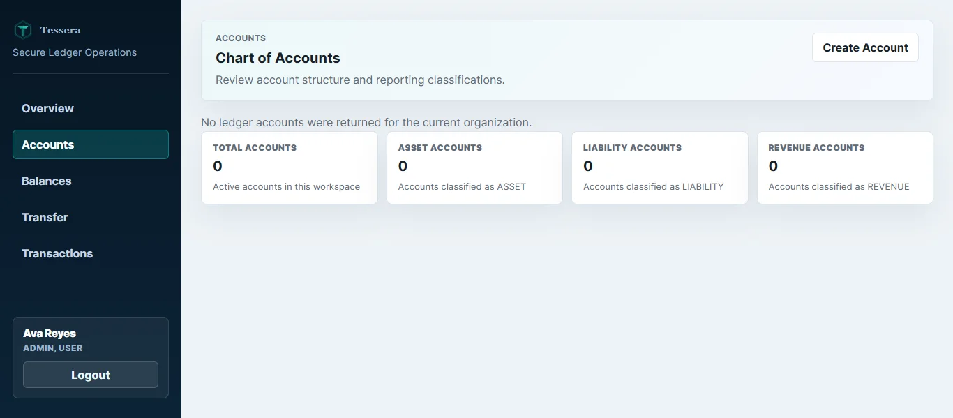 Tessera chart of accounts and classification summary