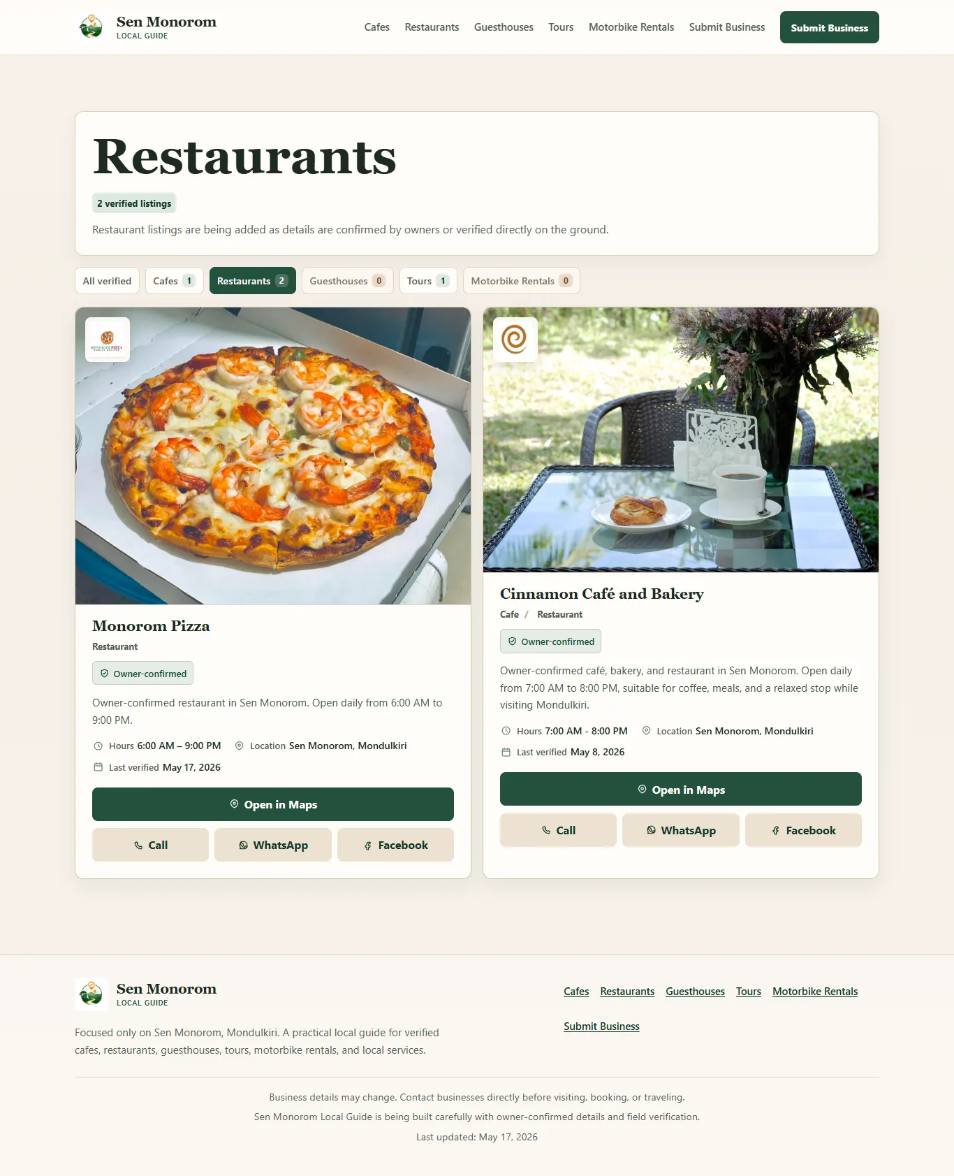Sen Monorom Local Guide restaurant listings with verification and direct contact actions