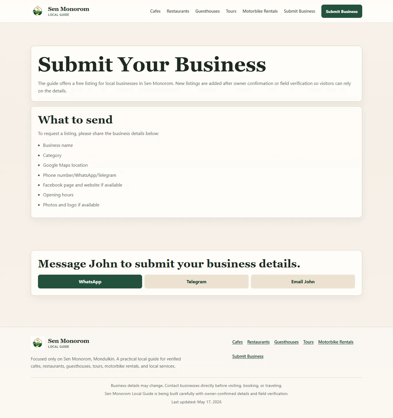 Sen Monorom Local Guide business submission requirements and contact pathways